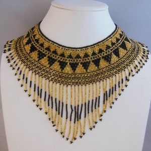 Handmade Huichol Chaquira Abstract Necklace Colors Gold/Black Brand New